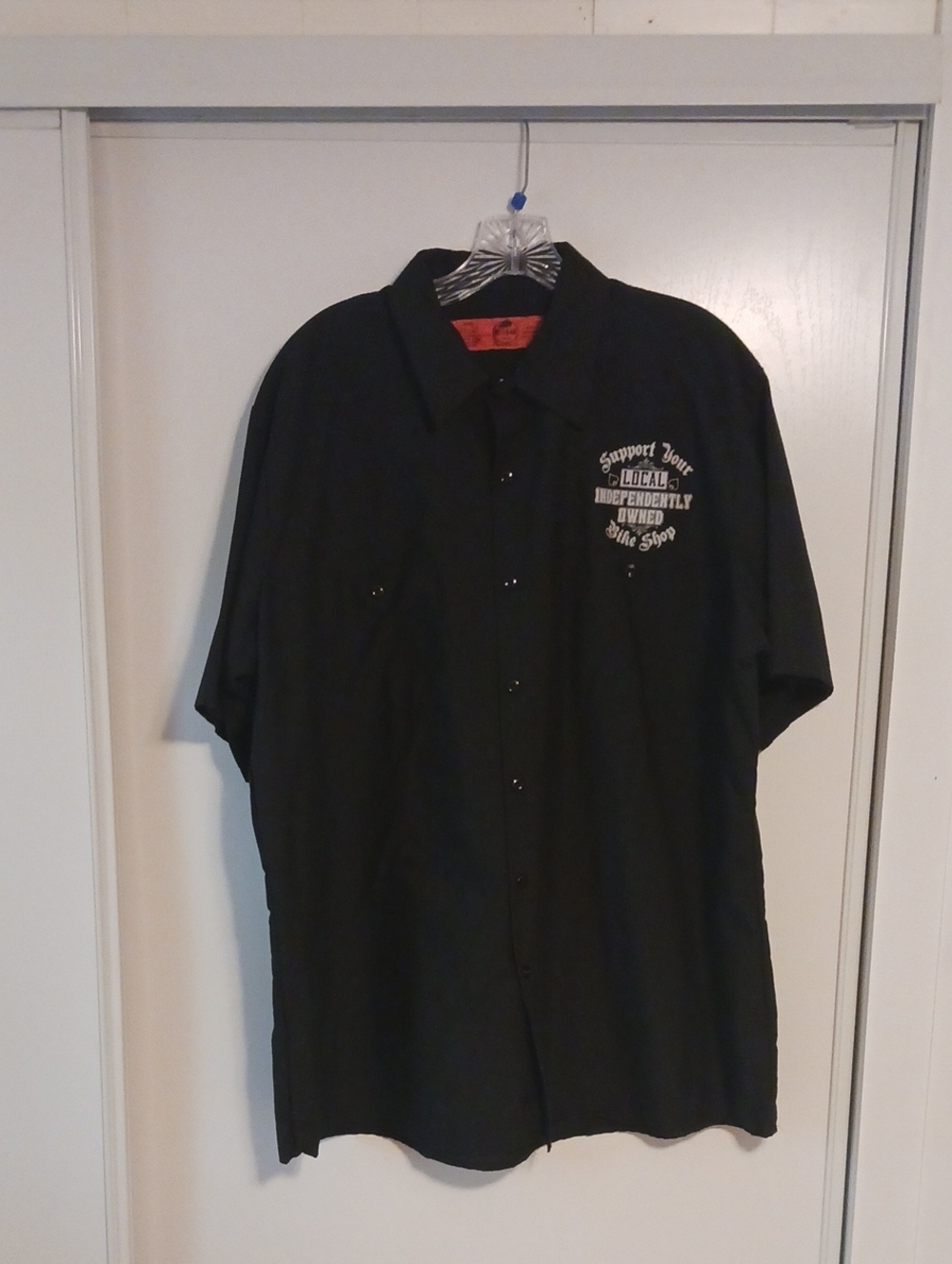 Black Short-Sleeve Button-Down Work Shirt with Chest Graphic